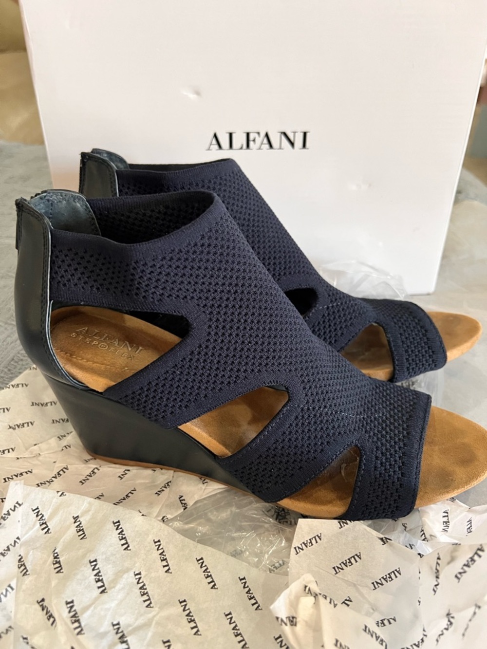 Alfani Navy Knit Cutout Wedge Sandals